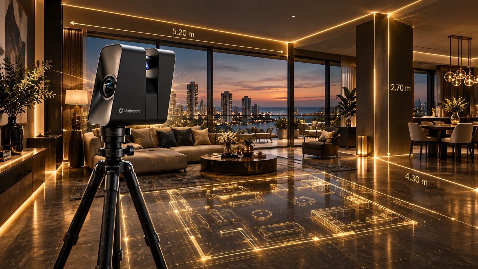 המחשה של דירה מודרנית עם מצלמת Matterport Pro3 על חצובה, קווי מדידה ותוכנית חלל